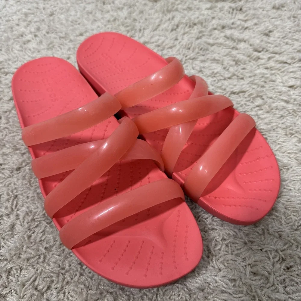 Crocs Women's Splash Glossy Strappy Neon Watermelon Slip On Sandals Slide Size 8